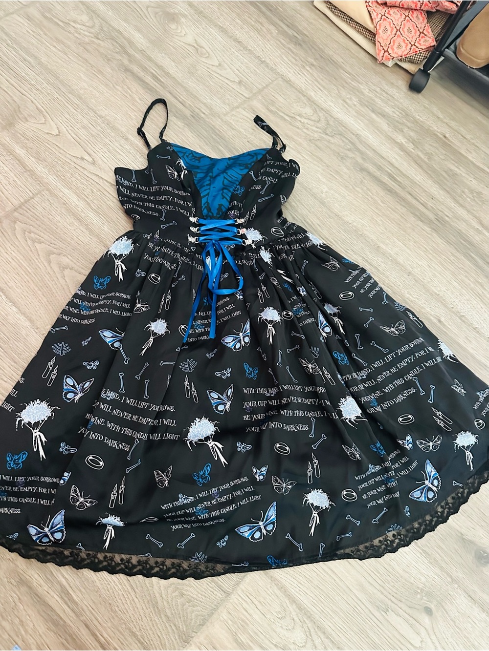 Hot Topic Black Dress with Blue Butterfly Lace-Up Bodice